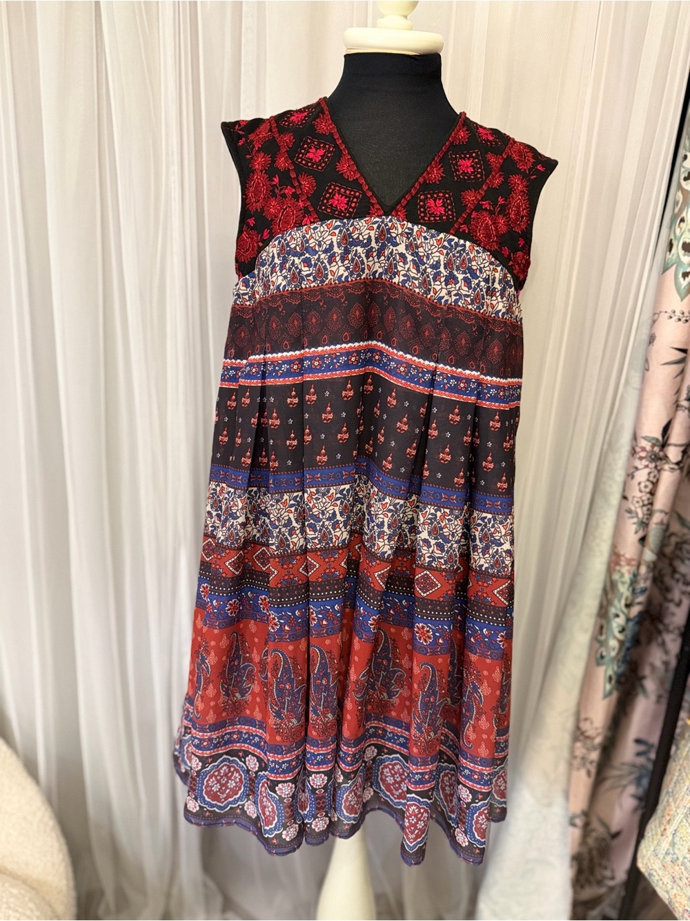 AKA New York Red, Black & Blue Boho Sleeveless V-Neck Dress